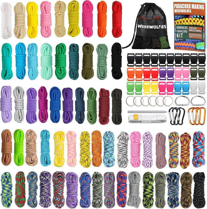 WEREWOLVES 60 Colors Paracord Cord, 550 Paracord Bracelet Crafting Combo Kits with Instruction - Multifunction Paracord Ropes, 10 Feet Each Parachute Cord for DIY Manual Braiding - Image 1